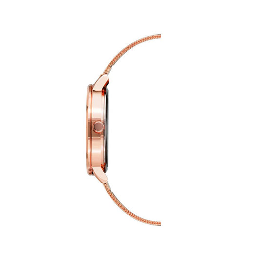 A rose gold watch with a multicolored strap