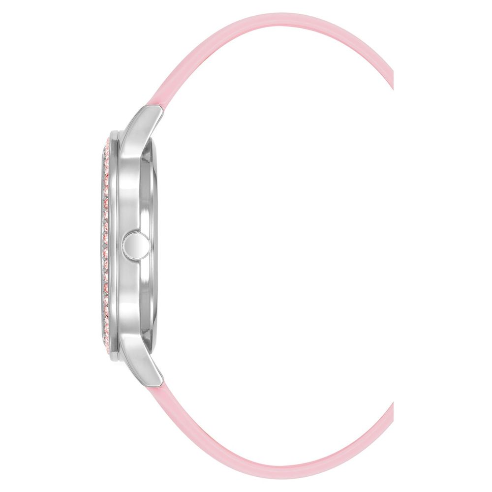 Pink watch with white face and silver band