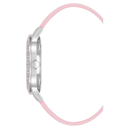 Pink watch with white face and silver band