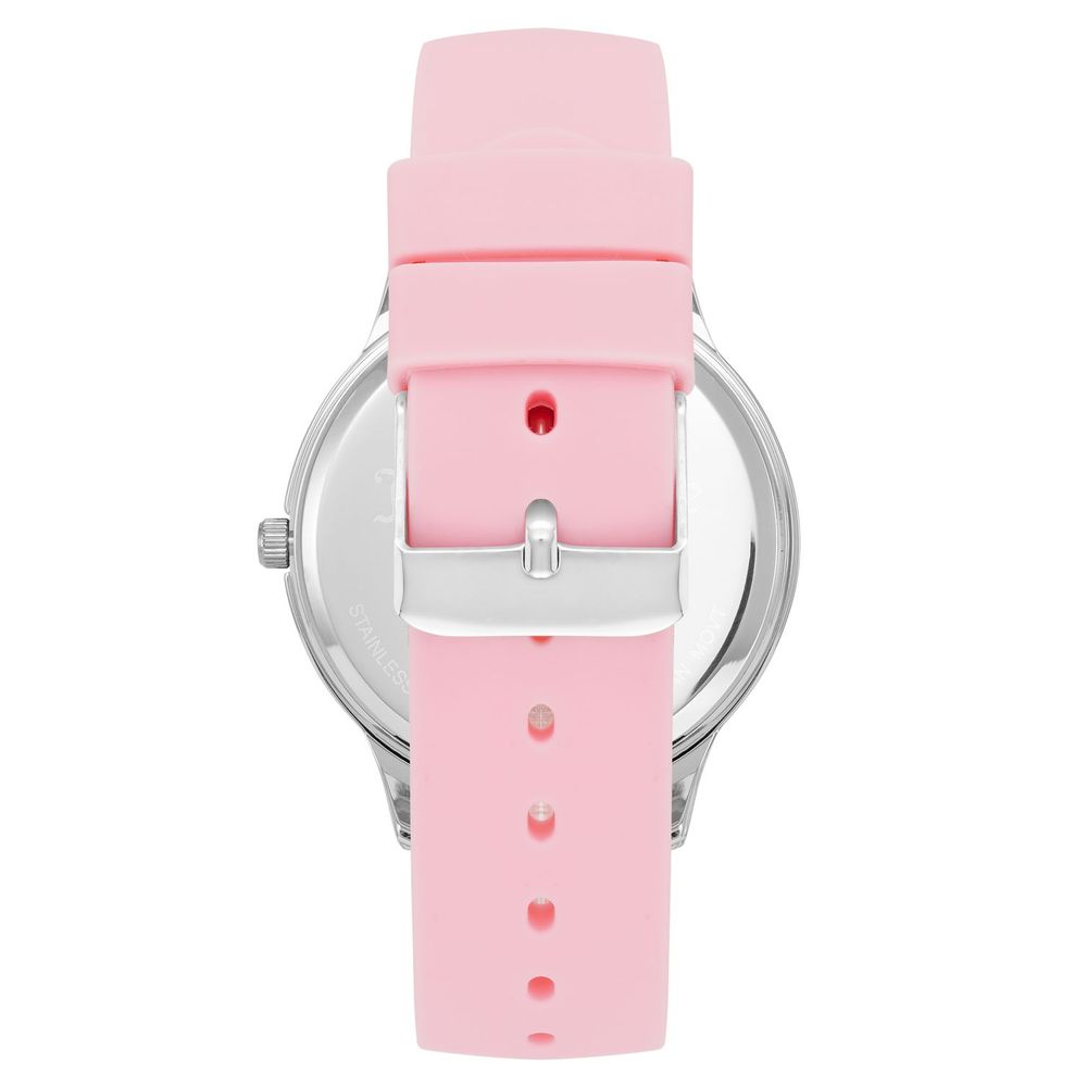 Pink watch with white face and silver accents