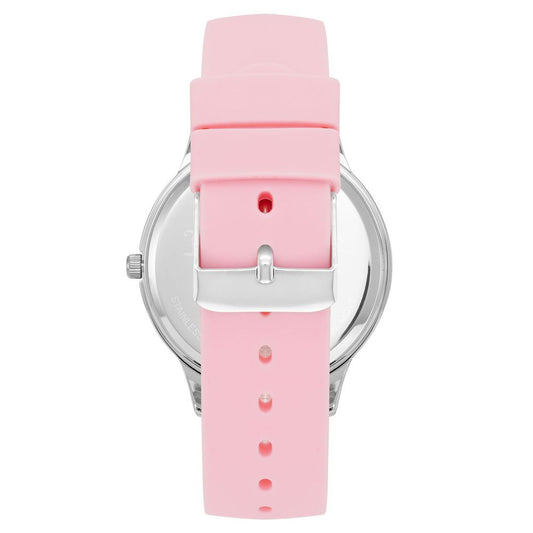 Pink watch with white face and silver accents
