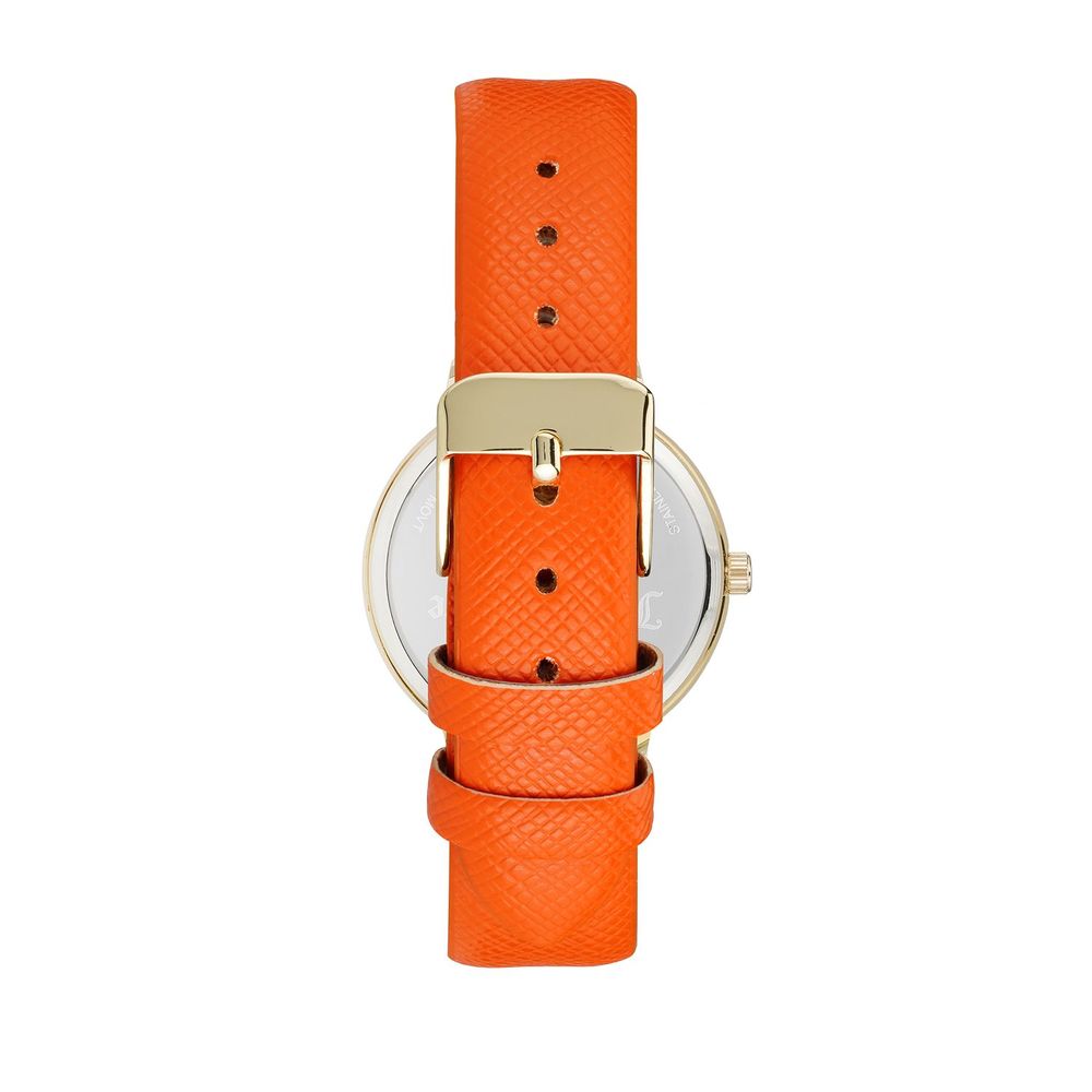 A watch with an orange strap and a white face