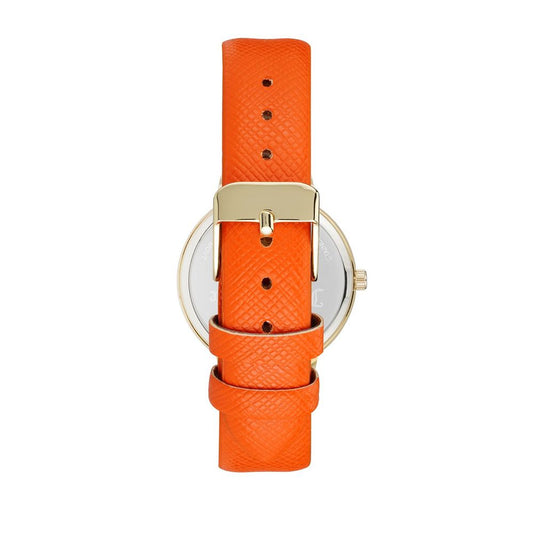 A watch with an orange strap and a white face