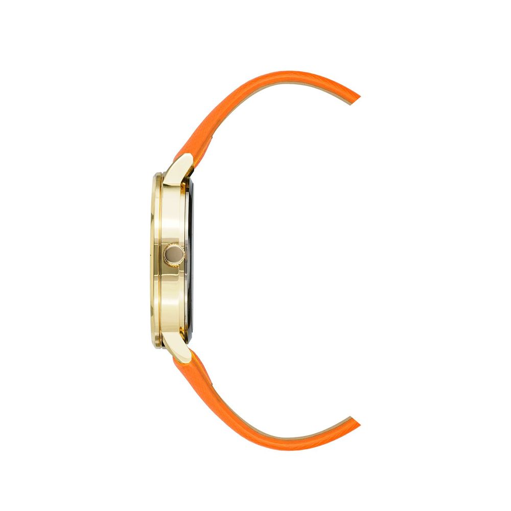 A watch with an orange strap and a gold-tone case