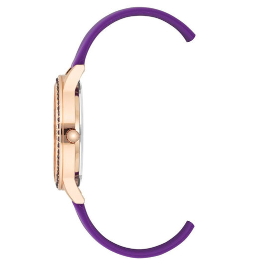 A purple bracelet with a rose gold clasp