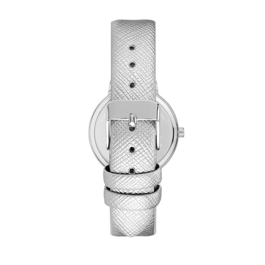 A silver plastic watch with a textured band
