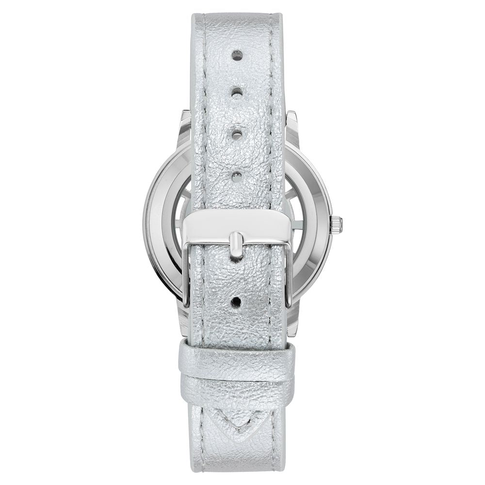 A silver plastic watch with a white leather strap