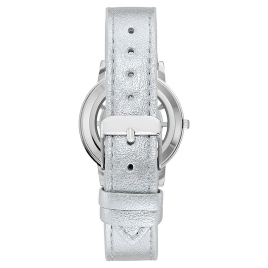 A silver plastic watch with a white leather strap