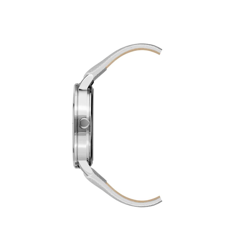 A silver plastic watch with a brown strap