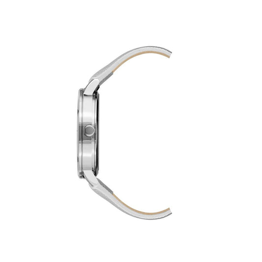 A silver plastic watch with a brown strap