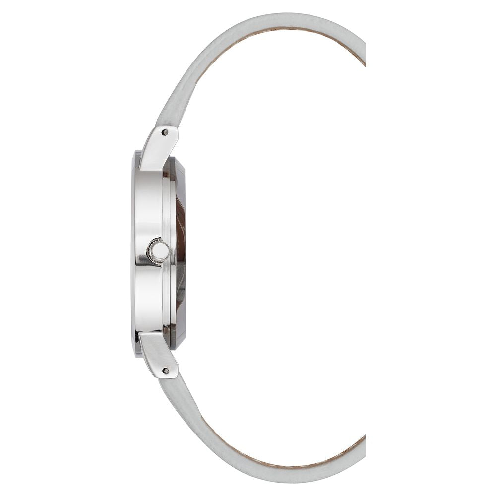 A silver plastic watch with a round face and a clasp on the back