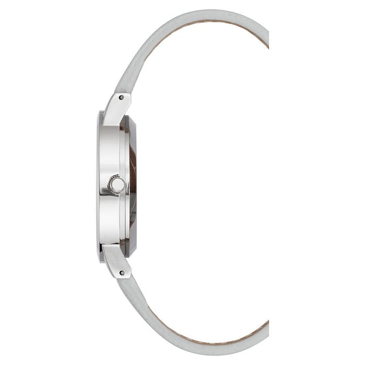 A silver plastic watch with a round face and a clasp on the back