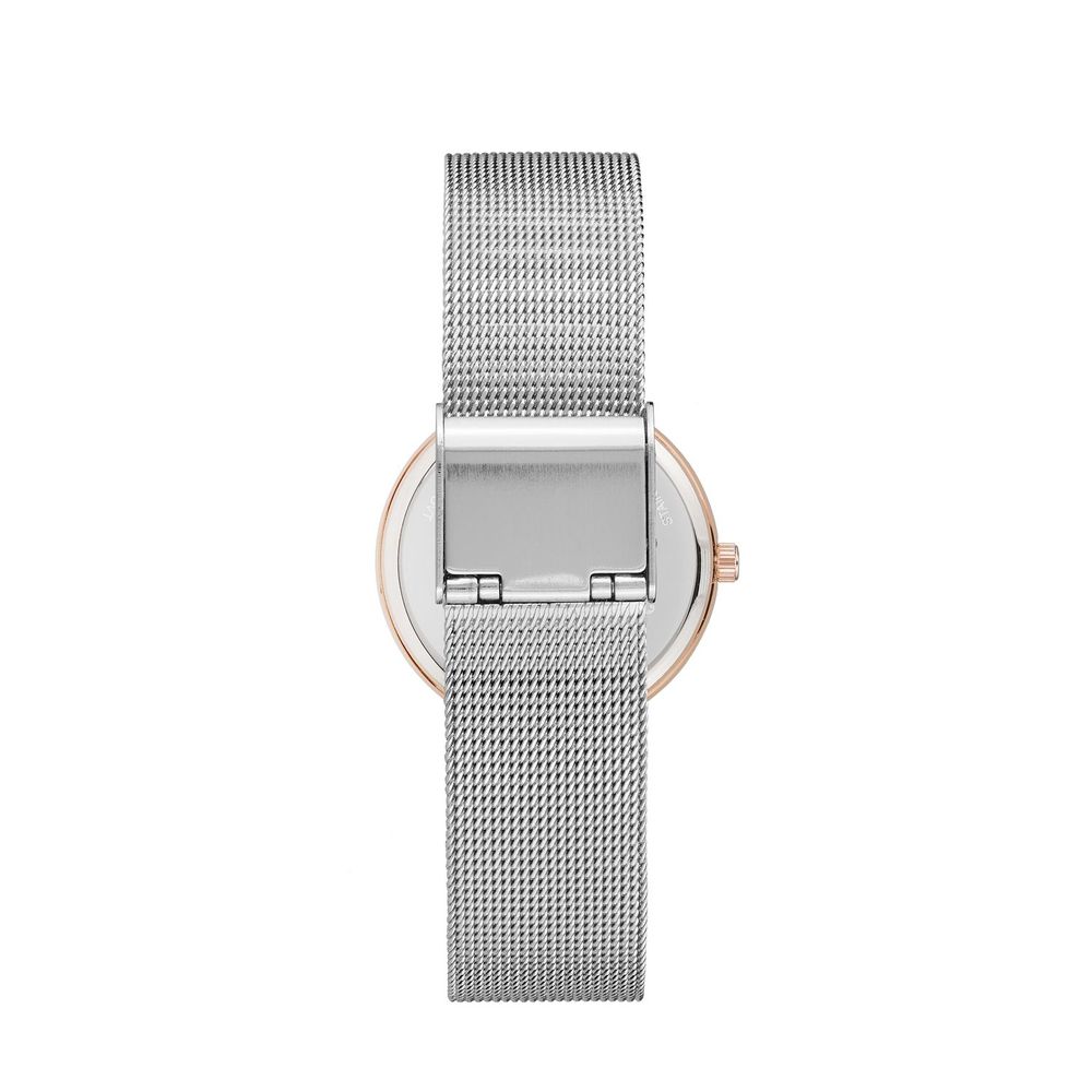 A silver stainless steel watch with a pink face, featuring a mesh band and three small dials