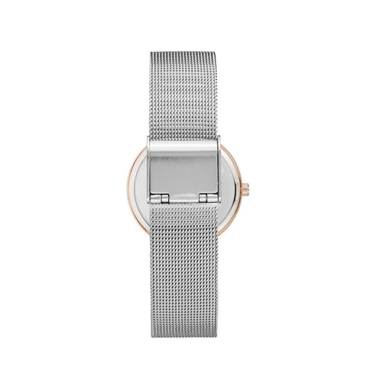 A silver stainless steel watch with a pink face, featuring a mesh band and three small dials