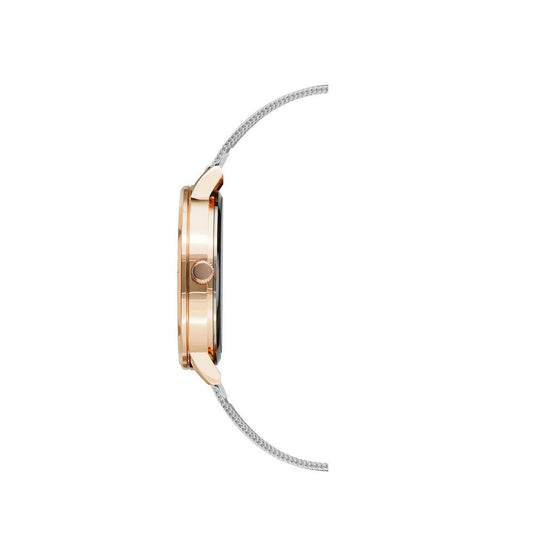 A silver stainless steel watch with a rose gold face and diamond accents on the band