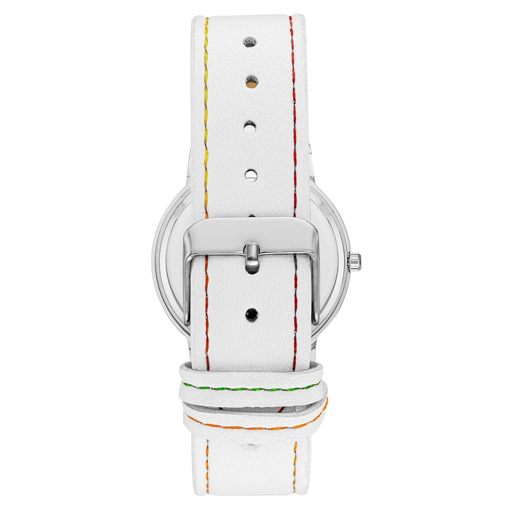A white plastic watch with a colorful strap featuring red, yellow, and green stripes
