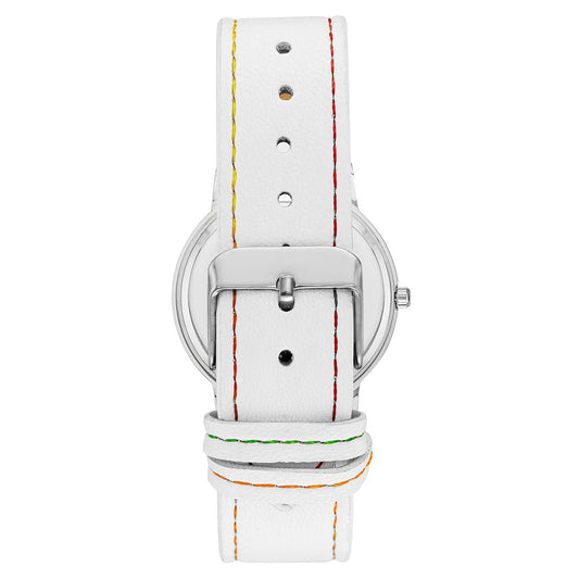 A white plastic watch with a colorful strap featuring red, yellow, and green stripes