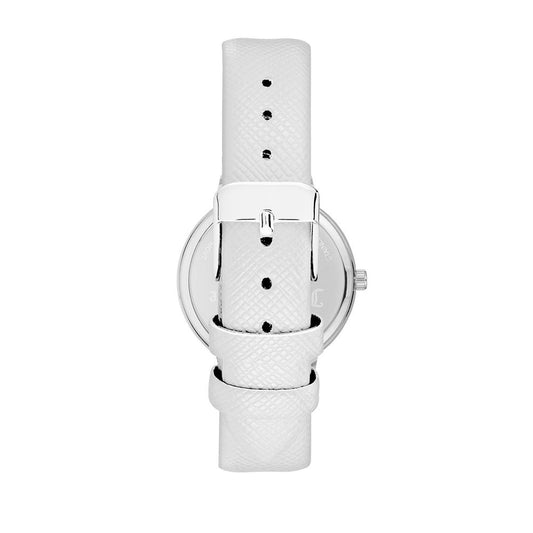 A white plastic watch with a leather strap, featuring black dots on the band and a silver buckle