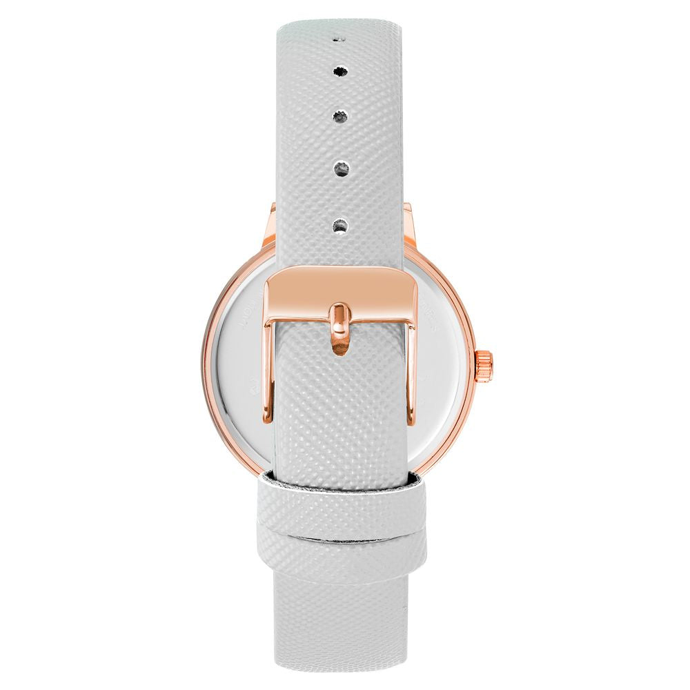 A white plastic watch with a rose gold buckle and face, featuring a textured strap