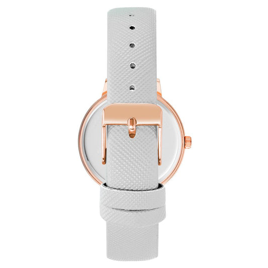A white plastic watch with a rose gold buckle and face, featuring a textured strap