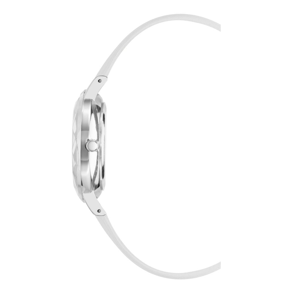 A white plastic watch with a silver band