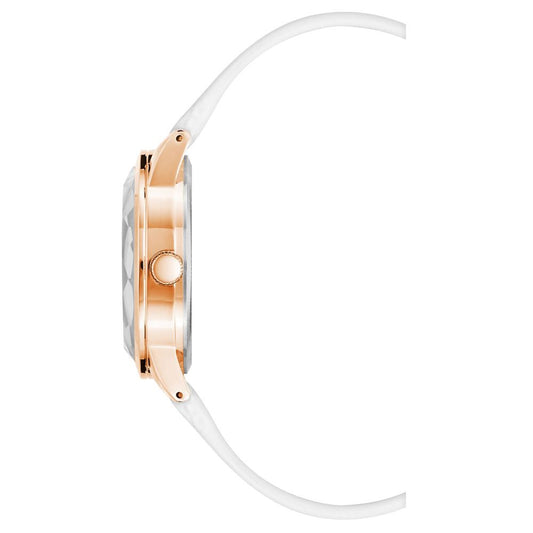A white plastic watch with a rose gold band and face, featuring a logo on the face