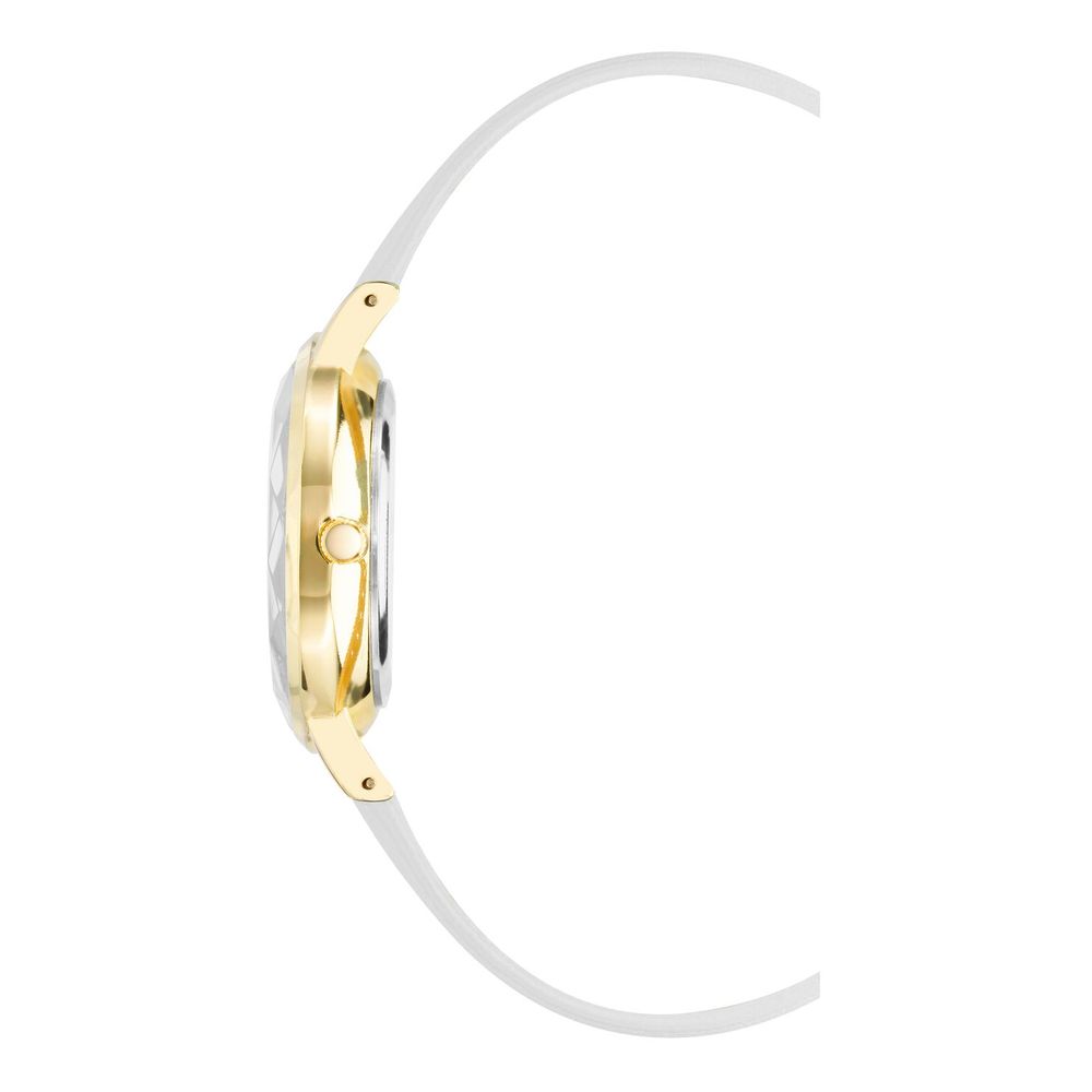 A white plastic watch with a gold band and face, featuring a logo on the face