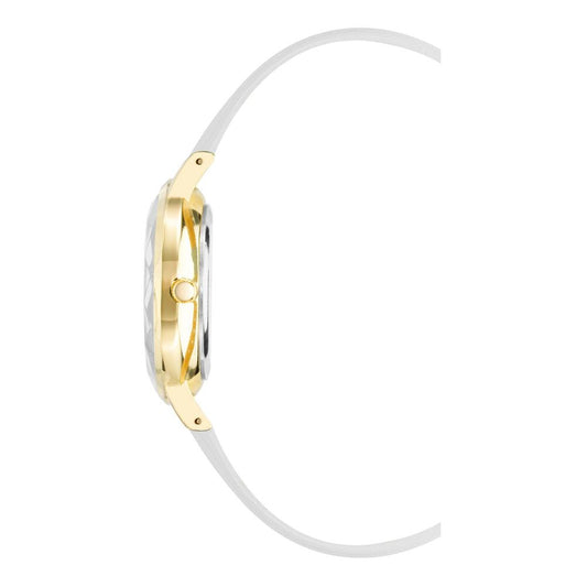 A white plastic watch with a gold band and face, featuring a logo on the face