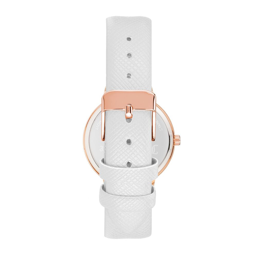 A white plastic watch with a pink band and face, featuring a circular design with three small holes on the side
