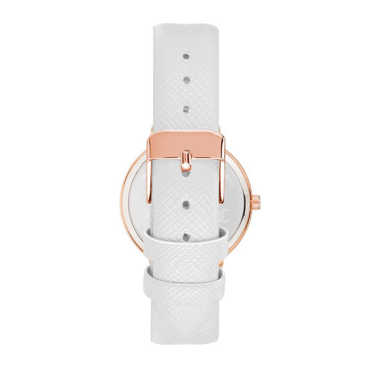 A white plastic watch with a pink band and face, featuring a circular design with three small holes on the side