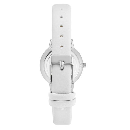 A white plastic watch with a silver buckle