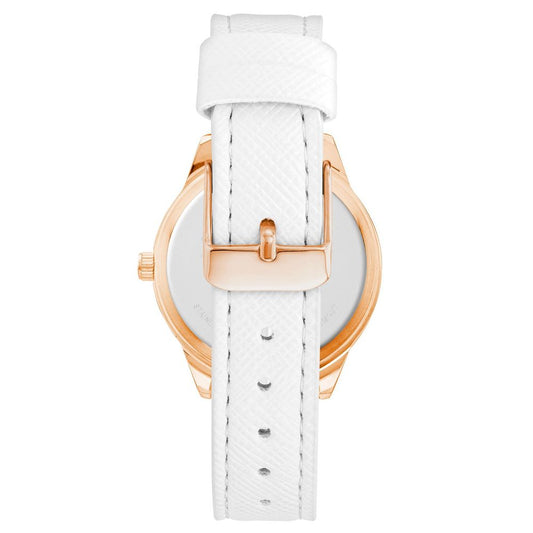 A white plastic watch with a pink face and gold accents