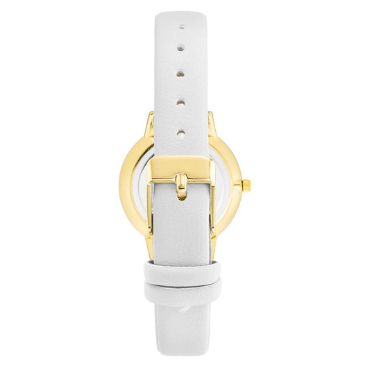 A white plastic watch with a gold buckle and loop