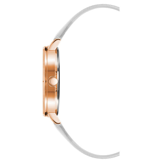 A rose gold watch with a white band