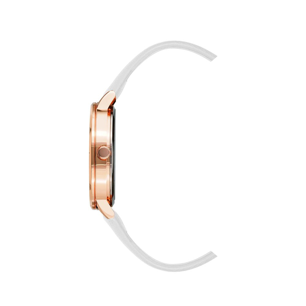 A white plastic watch with a rose gold band