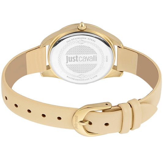 A beige leather watch with a round face featuring the Just Cavalli logo