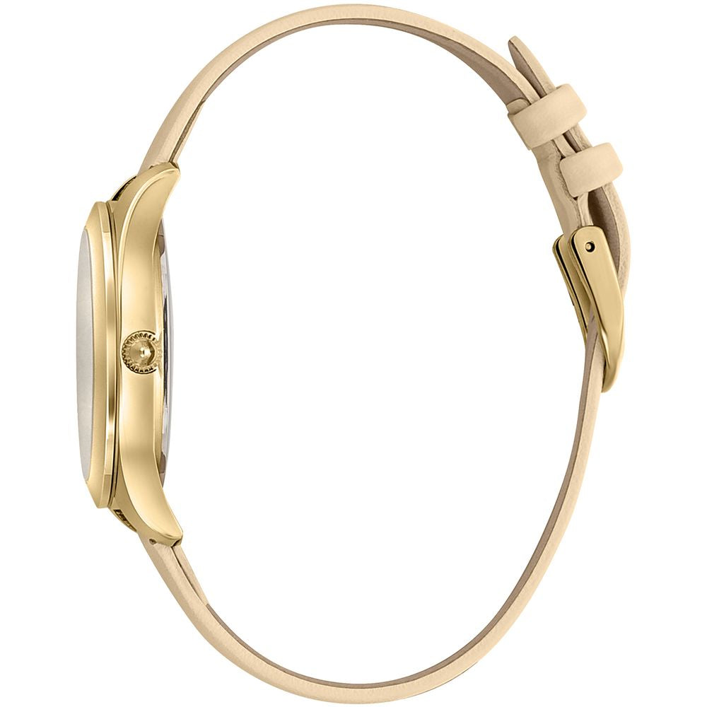 A beige leather watch with a gold buckle