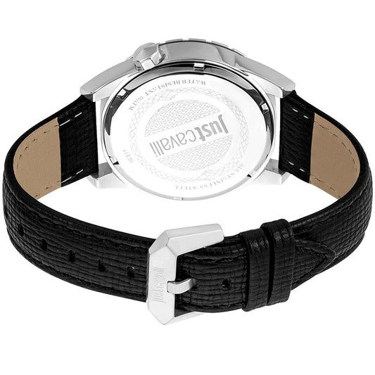 A black leather watch with a silver face and logo on the dial