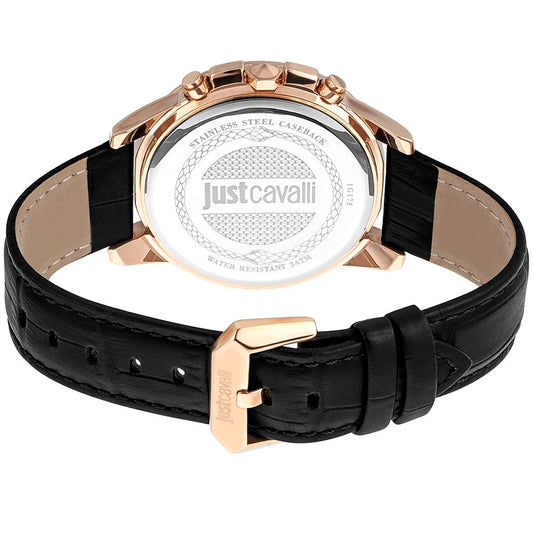 A black leather watch with a rose gold buckle and face, featuring the Just Cavalli logo on the dial