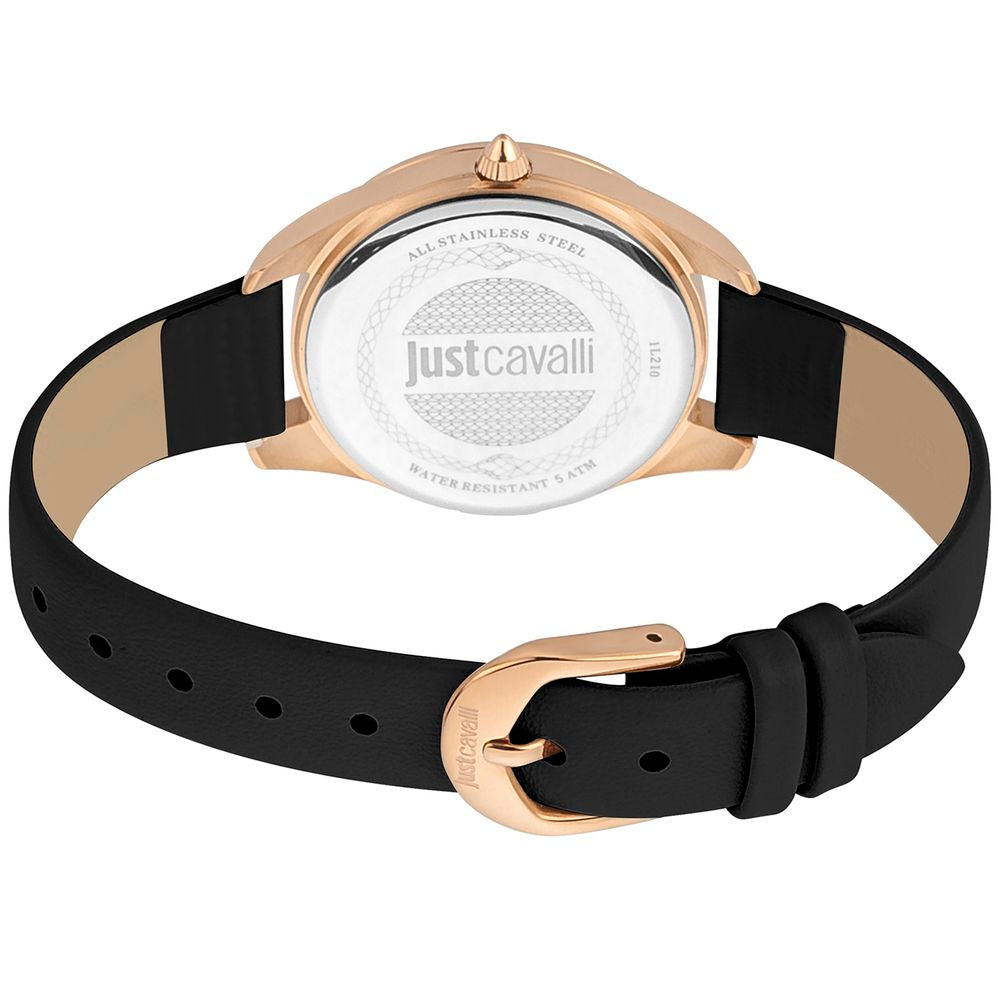 A black leather watch with a rose gold buckle from the brand Just Cavalli