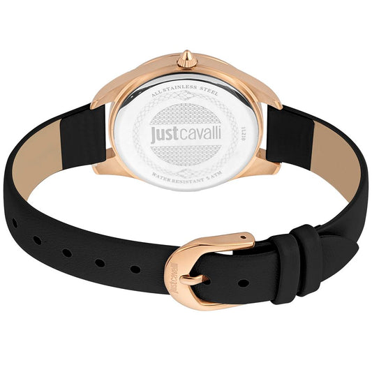 A black leather watch with a rose gold buckle from the brand Just Cavalli