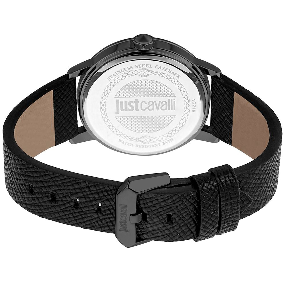 A black leather watch with a silver face and logo on the dial