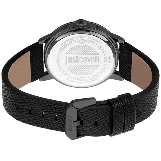 A black leather watch with a silver face and logo on the dial