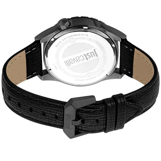 A black leather watch with a white face and logo on the dial