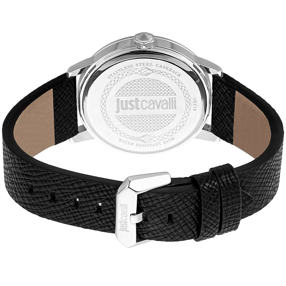 A black leather watch with a silver buckle and logo on the face