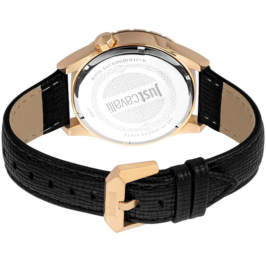 A black leather watch with gold accents from the brand Just Cavalli