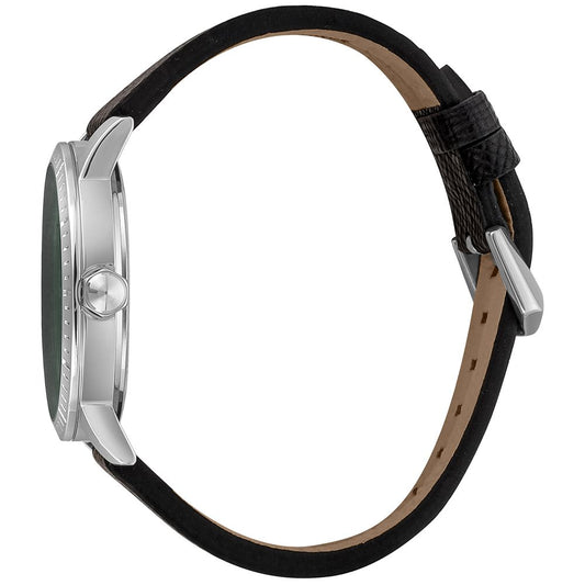 A black leather watch strap with a silver buckle, featuring a brown leather loop and a silver watch face