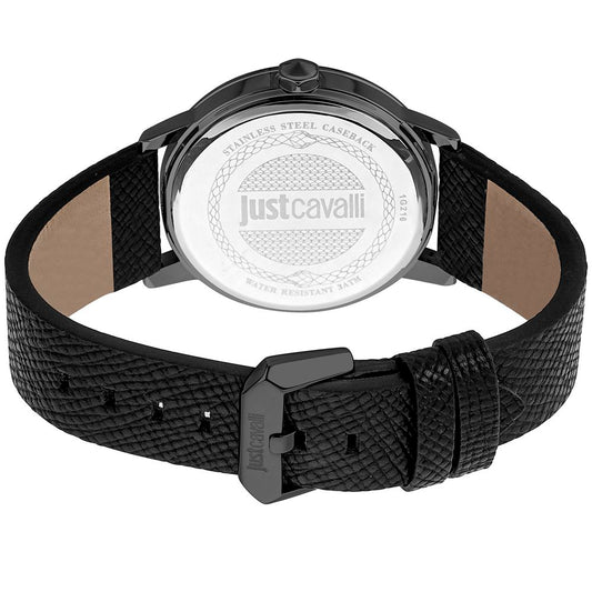 A black leather watch with a silver face and logo on the dial
