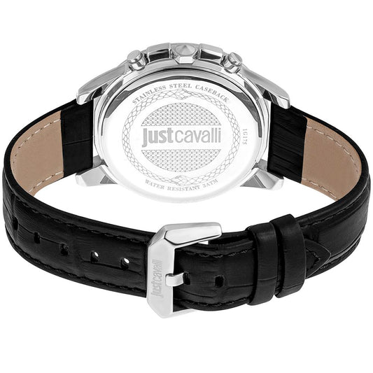 A black leather watch with a silver face and logo on the dial