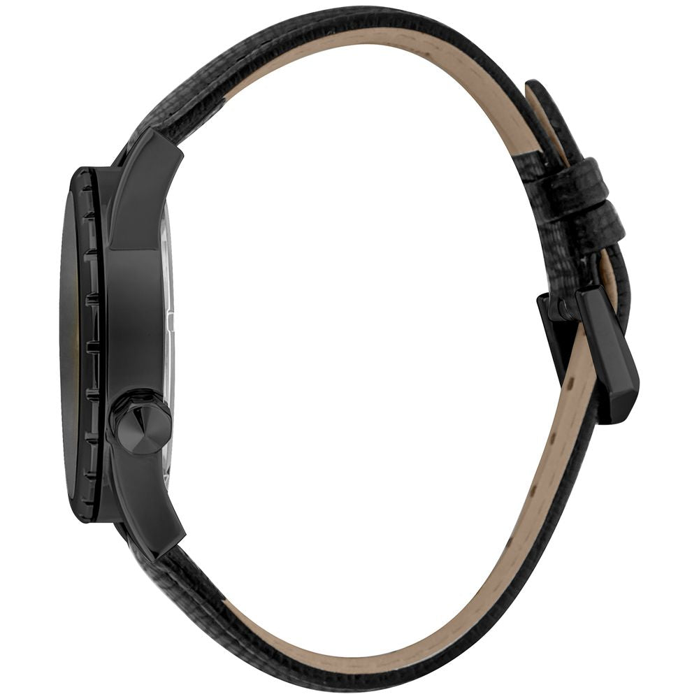 A black leather watch with a brown strap